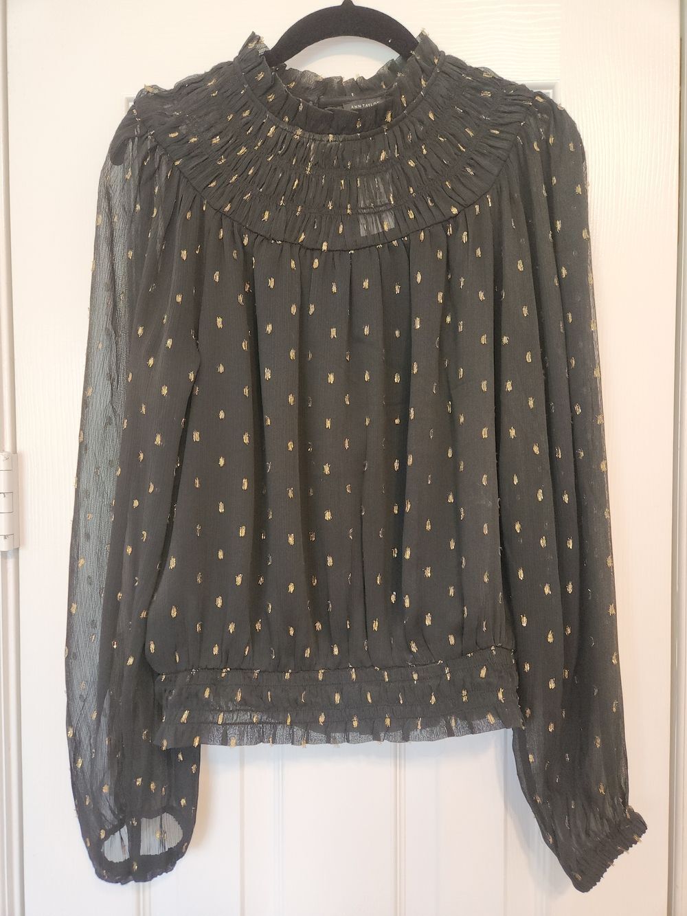 Ann Taylor NWT Black Sheer Blouse with Gold Thread Accents